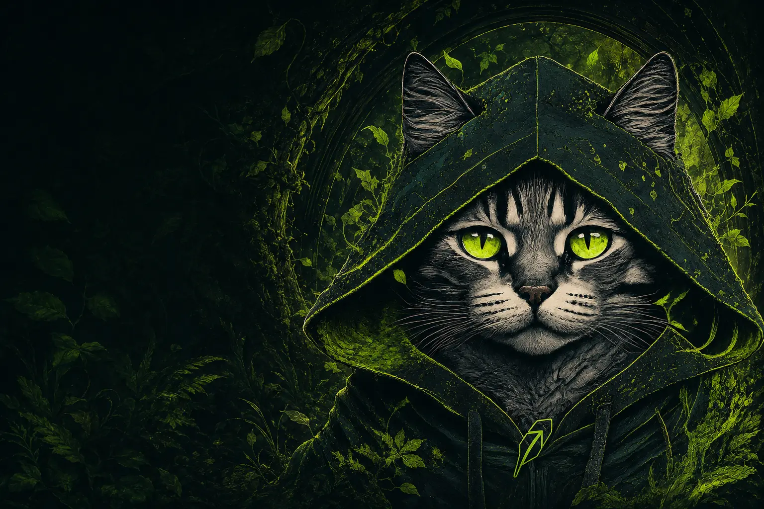 Michy the hooded cat inside a glowing forest portal